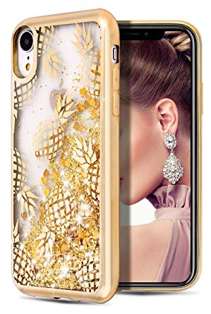 Case for iPhone XR, WORLDMOM Quicksand Series Flowing Bling Liquid Floating Sparkle Colorful Glitter Waterfall TPU Protective Phone Case for Apple iPhone XR [6.1 Inch 2018], Pineapple/Gold