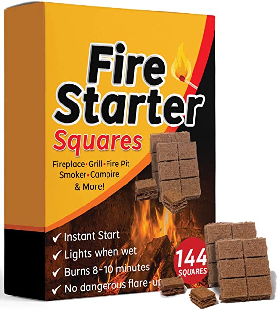 Bangerz Sunz Fire Starter Squares 144, Fire Starters for Fireplace, Wood Stove & Grill, Camp Fire Pit Charcoal Starters 50B, USA Made
