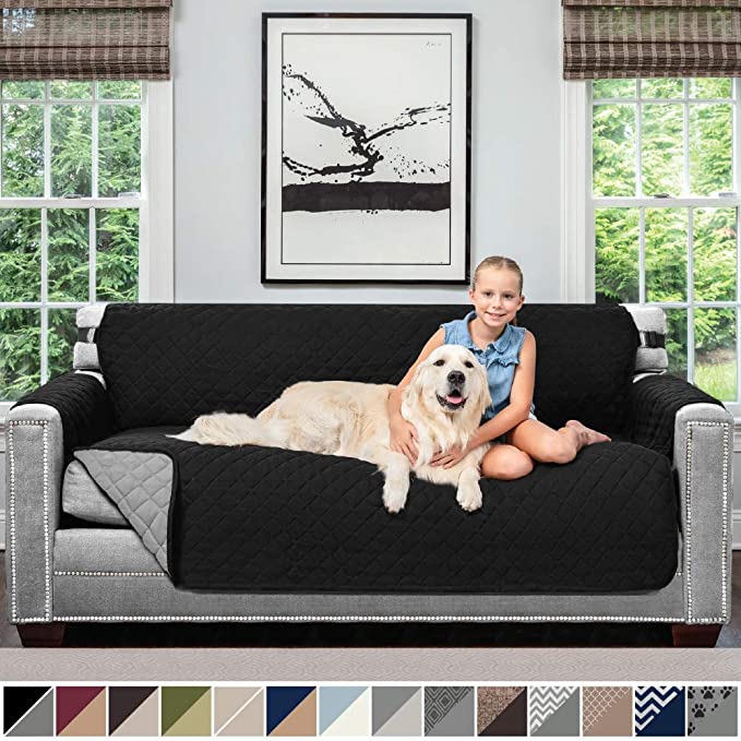 Sofa Shield Original Patent Pending Reversible Large Sofa Protector for Seat Width up to 70 Inch, Furniture Slipcover, 2 Inch Strap, Couch Slip Cover Throw for Pets, Kids, Cats, Sofa, Black Gray