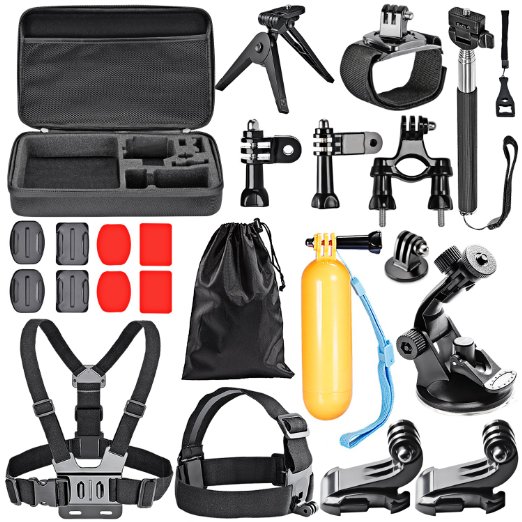 Neewer® 21 in-1 Accessory Kit for GoPro 4 3  3 2 1 SJ4000, Includes:12.8x8.46x2.48 inch/32.5x21.5x6.3cm Carrying Case Telescoping Handheld Monopod Adjustable Mini Tripod Head Strap  Chest Strap Wrist Strap 4*Adhensive 2*Surface Adhensive Mount with Adapter Car Suction Cup Mount Bicycle Handlebar Mount 180 Degree Rotating Mount  Floating Handlebar Mount 2*Surface J-hook Mount Screw Tripod Mount with Adapter 3*Screws Wrench
