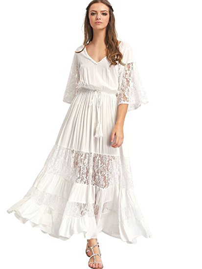 Milumia Women's Bohemian Drawstring Waist Lace Splicing White Long Maxi Dress