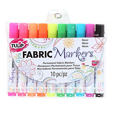 Tulip Permanent Nontoxic Fabric Markers Neon 10 Pack - Wide Bullet Tip, Child Safe, Minimal Bleed & Fast Drying - Premium Quality for T-shirts, Clothes, Shoes, Bags & Other Fabric Materials