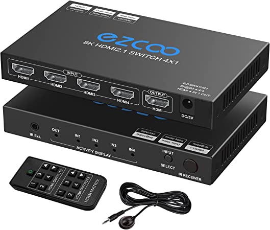 8K HDMI Switch 4x1 HDMI 2.1 Switcher 8K @ 60Hz 4K @ 120Hz CEC ARC HDCP2.2 48Gbps 4 in 1 Out HDR D-olby vision Atmos IR Remote SW41H21