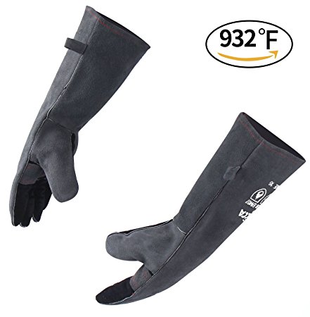 RAPICCA Barbecue Grill Gloves, 932°F Extreme Heat Resistant Welding Gloves Mitts for Oven/Fireplace/Stove/Pot Holder/Tig Welder/Mig - Soft Cotton Lining with 16 inches Extra Long Sleeve – Gray