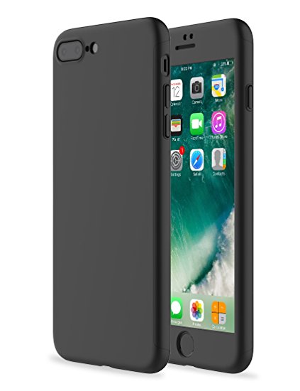 iPhone 7 Plus Case, RORSOU 360 Full Body Protection Hard Slim Case Coated Non Slip Matte Surface with Tempered Glass Screen Protector for Apple iPhone 7 Plus (5.5")(2016) -- Black