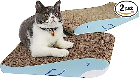 ComSaf Cat Scratcher Cardboard Set of 2 - Whale Shape, Kitty Cat Scratching Pad Recycle Corrugate Scratcher Cat Scratch Lounge Long Lasting Reversible