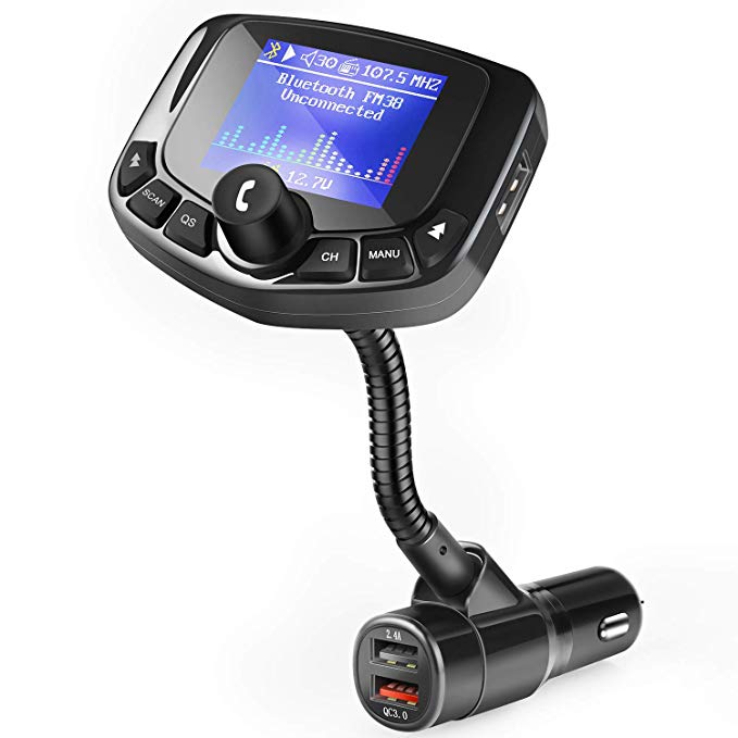 ZEEPORTE Bluetooth FM Transmitter for Car, 1.8" Color Screen Wireless Bluetooth FM Radio Adapter QC3.0 Qucik Charger with EQ Mode, 3 USB Ports, 4 Music Playing, Hands-Free Calls, TF Card, AUX Output -