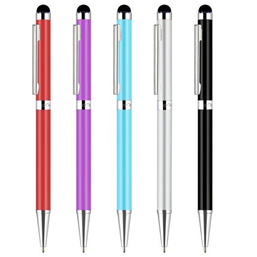 GSlife Pack of 5 Premium Capacitive Stylus Pens for Touch Screens,iPhone 6 6S Plus 5/5S,iPad,Tablet, Black Ink Ballpoint Pen,Blue/Red/Black/Silver/Purple