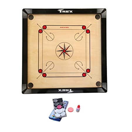 Trex Sports Carrom Board 26 inch Full Size with Gloss Finish, Coins Striker and Boric Powder 66.4 cm Carrom Board,color Beige