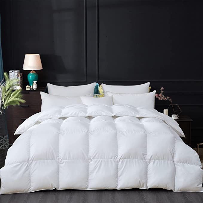 Luxurious All-Season King Size Goose Down Comforter Duvet Insert, Premium White Solid Plain Design, 1200 Thread Count 100% Egyptian Cotton, 750+ Fill Power, 80 oz Fill Weight