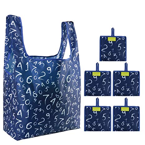 Reusable Grocery Shopping Bags Foldable 5 Pack 50LBS Ripstop Cute Digital Fashion Gift Bags Eco Friendly Machine Washable Waterproof Lightweight Navy Blue …