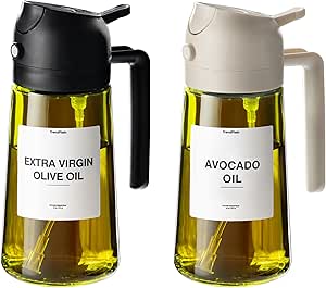 16oz Olive Oil Dispenser for Kitchen - 2 in 1 Olive Oil Dispenser and Oil Sprayer - Olive Oil Dispenser Bottle w/Stickers - Olive Oil Sprayer for Cooking 2Pcs Black&White (Light Blockage)