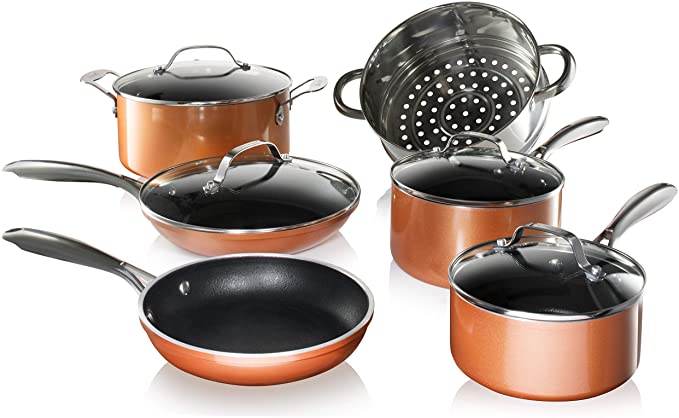 Gotham Steel Nonstick Pots and Pans 10 Piece Copper Cast Cookware Set with Ultra Nonstick PFOA FREE Coating–New for 2020, Includes Frying Pans, Saucepans, Stock Pots, Steamer Insert, Dishwasher Safe