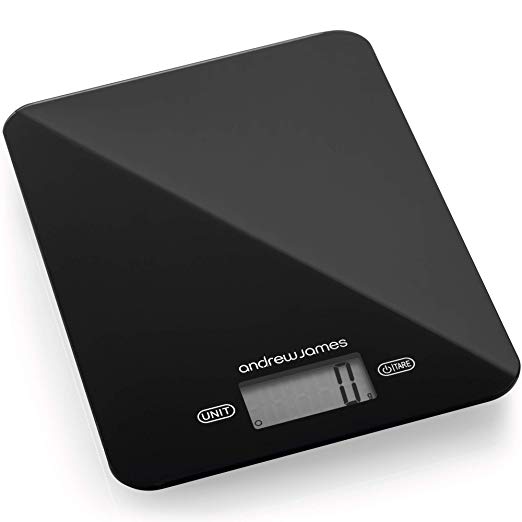 Andrew James Digital Kitchen Scales 5KG Max with Tempered Glass Surface & LCD Display | Weighs in Grams Ounces & ML | Slim Design with Glossy Black Finish | Auto Power Off 90 Secs | Battery Included