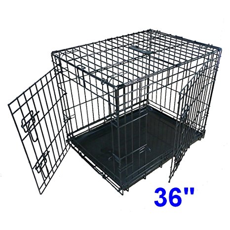Ellie-Bo Dog Puppy Cage Folding 2 Door Crate with Non-Chew Metal Tray Large 36-inch Black