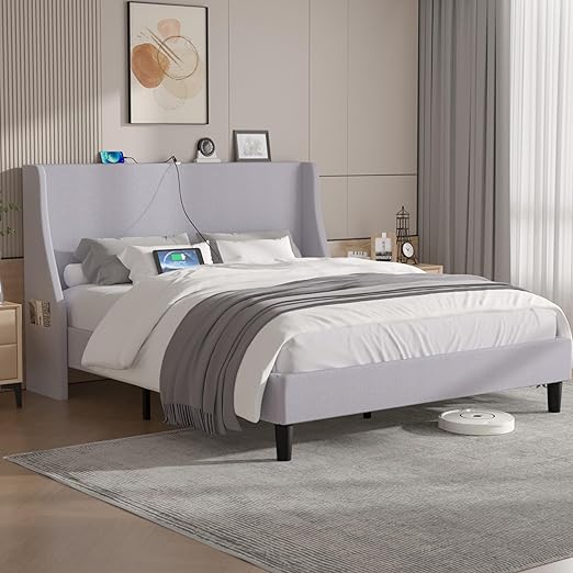 VECELO Queen Bed Frame with Upholstered Wingback Headboard, Heavy-Duty Platform Bedframe with Charging Station & Side Pockets, No Box Spring Needed, Light Grey