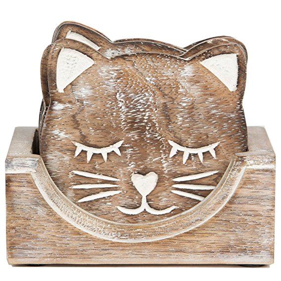 Drinks Coasters - Wooden Cat Coasters - Set of 6 in Storage Box (SC099) by Ginger Interiors