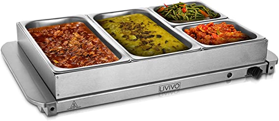 LIVIVO Large Stainless Steel Electric Buffet Server and Food Warming Tray- 4 Pans with Removable 4 lids- Adjustable Temperature Control- Perfect Food Warmer for Parties and Any Events