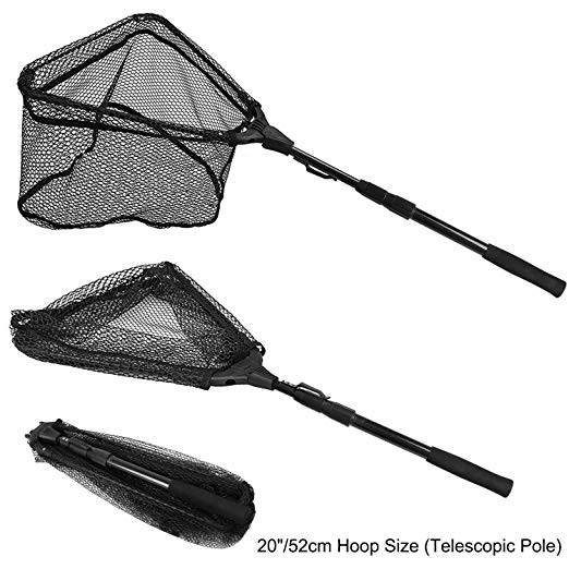 PLUSINNO Fishing Net Fish Landing Net, Foldable Collapsible Telescopic Pole Handle, Durable Nylon Material Mesh, Safe Fish Catching or Releasing