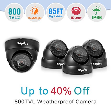 SANNCE 800TVL Surveillance Cameras (4) IP66 Weatherproof Outdoor/ Indoor Cameras with Super Night Vision and Four 60ft Security Camera Cables Included