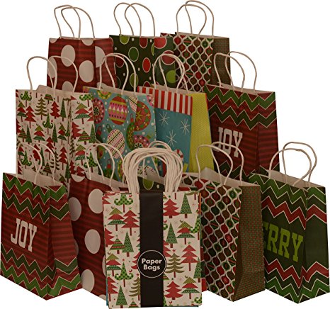 Assorted Christmas Kraft paper gift bags, medium, set of 16 bags, 8" x 10" x 4"