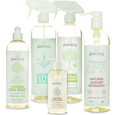 Puracy 100 Natural Home Cleaning Essentials Set - Hand Soap Dish Soap Laundry Detergent Multi-Surface Cleaner Laundry Stain Remover Bundle - Pack of 5