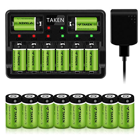 CR123A Rechargeable Batteries, Taken 3.7V 750mA Li-ion Batteries for Arlo Camera (VMC3030/VMK3200/VMS3330/3430/3530), 16 Pack RCR123A Batteries with 8-Ports Charger