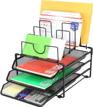DecoBros STACKABLE Mesh Desk Organizer 3 Letter Trays and 5 horizontal upright sections Black