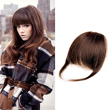 HIKYUU Hand-tied Thick Blunt Fringes Real Hair Extensions Light Brown 100% Remy Human Hair Blunt Bangs Clip on Real Hair