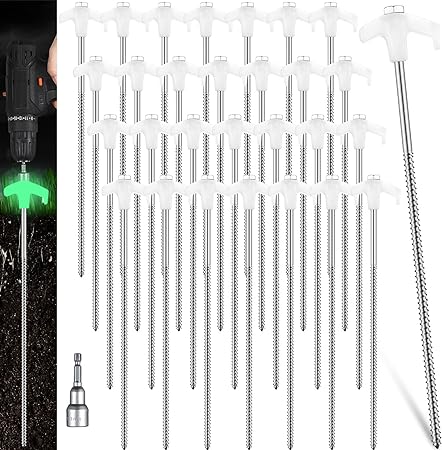 Hicarer 20 Pcs 12 Inch Tent Stakes Metal Screw in Camping Stakes with Luminous Head Glow in The Dark Ground Anchor Peg Threaded Tent Spikes with Hex Head Driver for Christmas (Illuminant White)