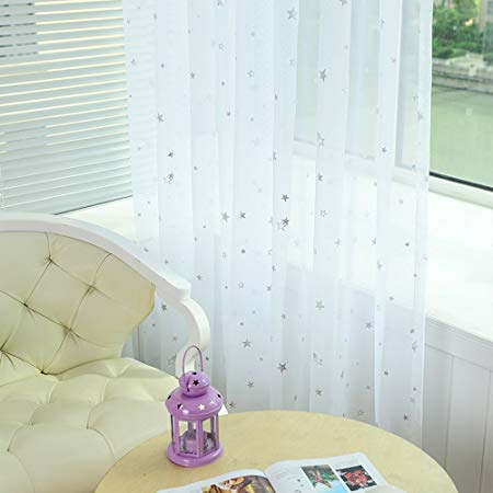 pureaqu Kids Room Window Curtain Sheer Decoration Rod Pocket Process Silver Star Voile Curtain/Drapes (1 Panel W39xH63)
