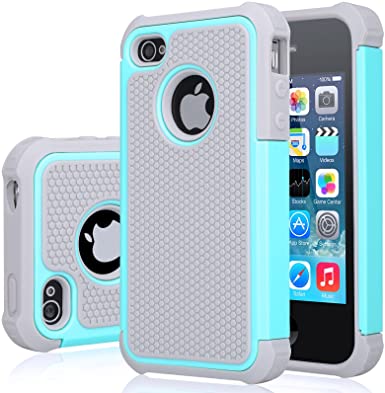 iPhone 4S Case, iPhone 4 Cover, Jeylly Shock Absorbing Hard Plastic Outer   Rubber Silicone Inner Scratch Defender Bumper Rugged Hard Case Cover for Apple iPhone 4/4S - Turquoise&Grey