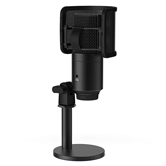 FIFINE K683B USB Desktop PC Microphone with Pop Filter for Computer and Mac, Studio Condenser Mic with Gain Control, Mute Button, Headphone Jack, Desk Stand & Extra USB-C Plug,Black