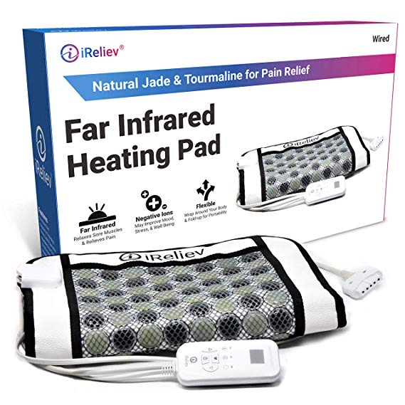 Far Infrared Heating Pad with Natural Jade for Pain Relief by iReliev for Back Pain, Arthritis, Cramp Relief Fast Heat Therapy Smart Controller Auto-Shutoff 24”x16” HC-2416 FSA HSA Approved Travel Bag