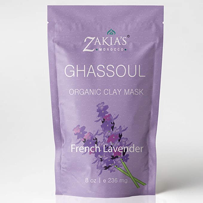 Moroccan Ghassoul Clay Mask (Delicate Lavender Scent)- Organic Natural Facial Mask and Skin Care Treatment - Anti-aging Mud Mask Heals Dry & Oily Skin, Acne, Eczema & Psoriasis - 8 Oz