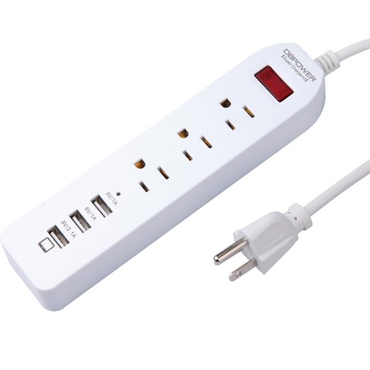 DBPOWER Power Strip 3 Smart USB and 3 AC and 18M Power Cord Surge Protected Power Socket White 3USB and 3AC