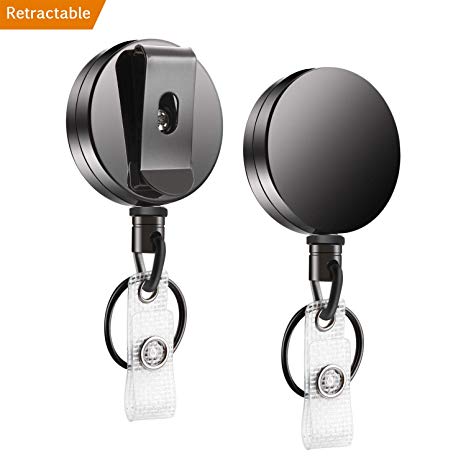 Retractable Badge Holder Reel, WASANJO Heavy Duty ID Badge Holder with Belt Clip Key Ring - All Metal Casing Reinforced Id Strap Steel Wire Cord Reel 28 inch (2 Pack)