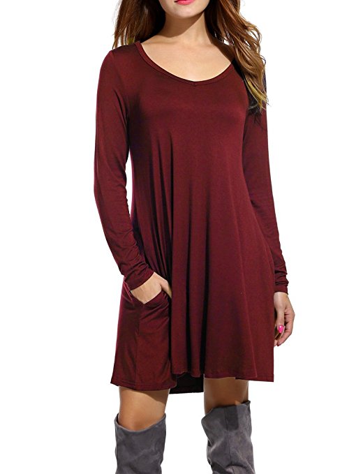 Bluetime Women's Long Sleeve Pockets Casual Loose T-Shirt Dress