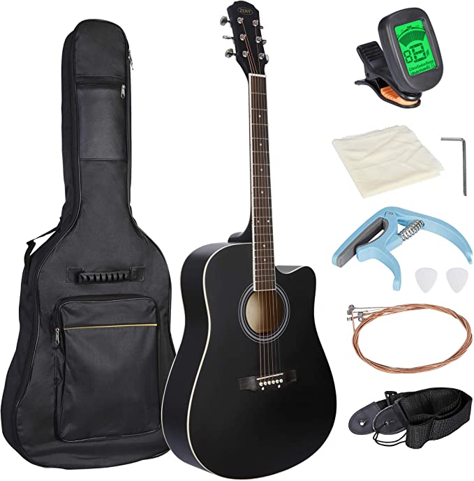 ZENY 41in Beginner Acoustic Guitar Set w/Gig Bag, Tuner, Strings, Strap, Capo and Picks (Black)