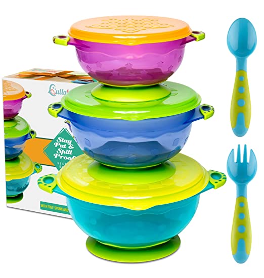 Stay Put Suction Baby Bowls - Suction Toddler Spill Proof Feeding Set | Bonus Spoon and Fork | 3 Sizes of Bowls and Snap Tight Lids | Perfect to Go Storage