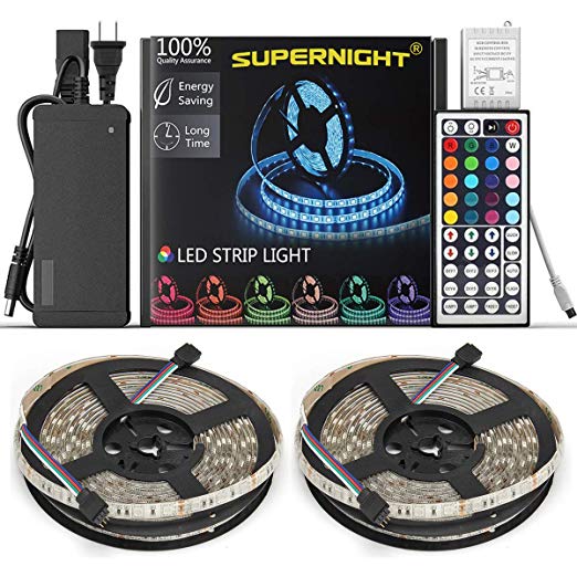 SUPERNIGHT Led Light Strip Waterproof IP65, SMD 5050 32.8 Ft (10M) 300leds RGB Flexible Rope Lights 30leds/m with 44 Key Ir Controller and DC 12V Power Adapter for Kitchen Cabinet, Bedroom