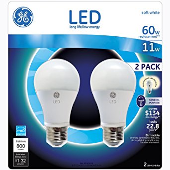 GE LED 11-Watt General Purpose Use Bulb (2 pack) Soft White Dimmable 800 Lumens 60 W Replacement Long Life Low Energy A19 Bulbs