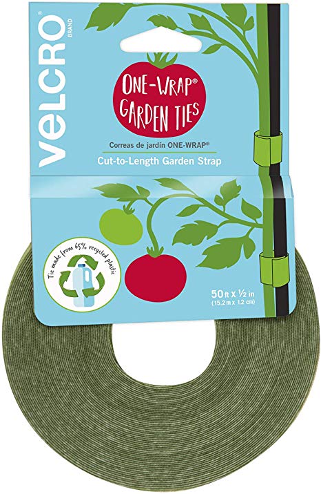 VELCRO Brand ONE-WRAP Garden Ties | Plant Supports for Effective Growing | Strong Grips are Reusable and Adjustable | Cut-to-Length, 50 ft x 1/2 in, Green-Recycled Plastic