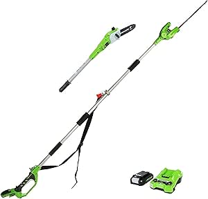 Greenworks G24PSHK2 Cordless 2-in-1 Pole Saw and Pole, Pole Saw 20cm Bar, Pole Hedge Trimmer with Shoulder Strap 51cm Dual Action Blades, 24V 2Ah Battery & Charger, 3 Year Guarantee