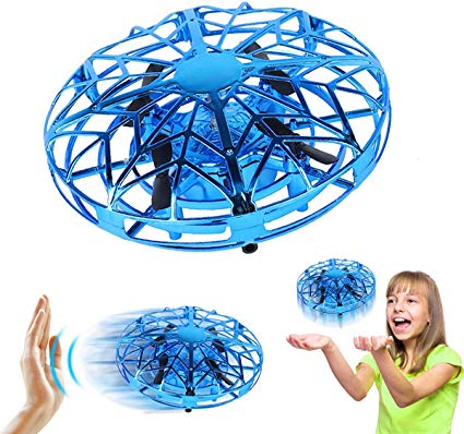Hand Operated Drones for Kids or Adults - Hands Free Mini Drone Helicopter, Easy Indoor Small Orb Flying Ball 720° Rotating and Shinning LED Lights Drone Toys (Blue)