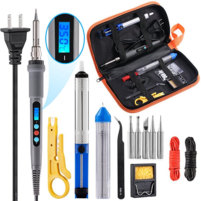 Soldering Iron Kit, Including 60W Temperature Control Soldering Iron with ON/OFF Switch, Tips, Solder Sucker, Desoldering Wick, Solder Wire, Anti-static Tweezers and Stand (digital soldering kit)