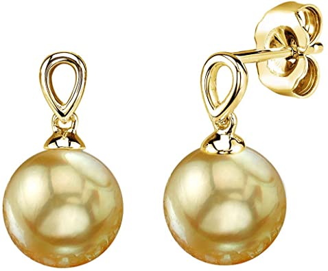 THE PEARL SOURCE 14K Gold Round Genuine Golden South Sea Cultured Pearl Sherry Earrings for Women