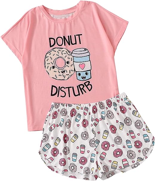 DIDK Women's Cartoon Print Tee and Curved Hem Shorts Pajama Set