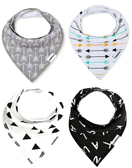 Baby Bandana Drool Bibs with Snaps For Boys & Girls Drooling and Teething, Unisex Set of 4 Absorbent Cotton Baby Gift Dribble Bibs By CAMIRUS (Black/White/Gray)