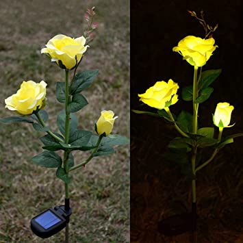 Homeleo Solar Garden Ornaments, Solar Gardening Gifts, Outdoor LED Rose Lights for Christmas Garden Decorations Back Yard Patio Grave Artificial Flower Decor- Yellow